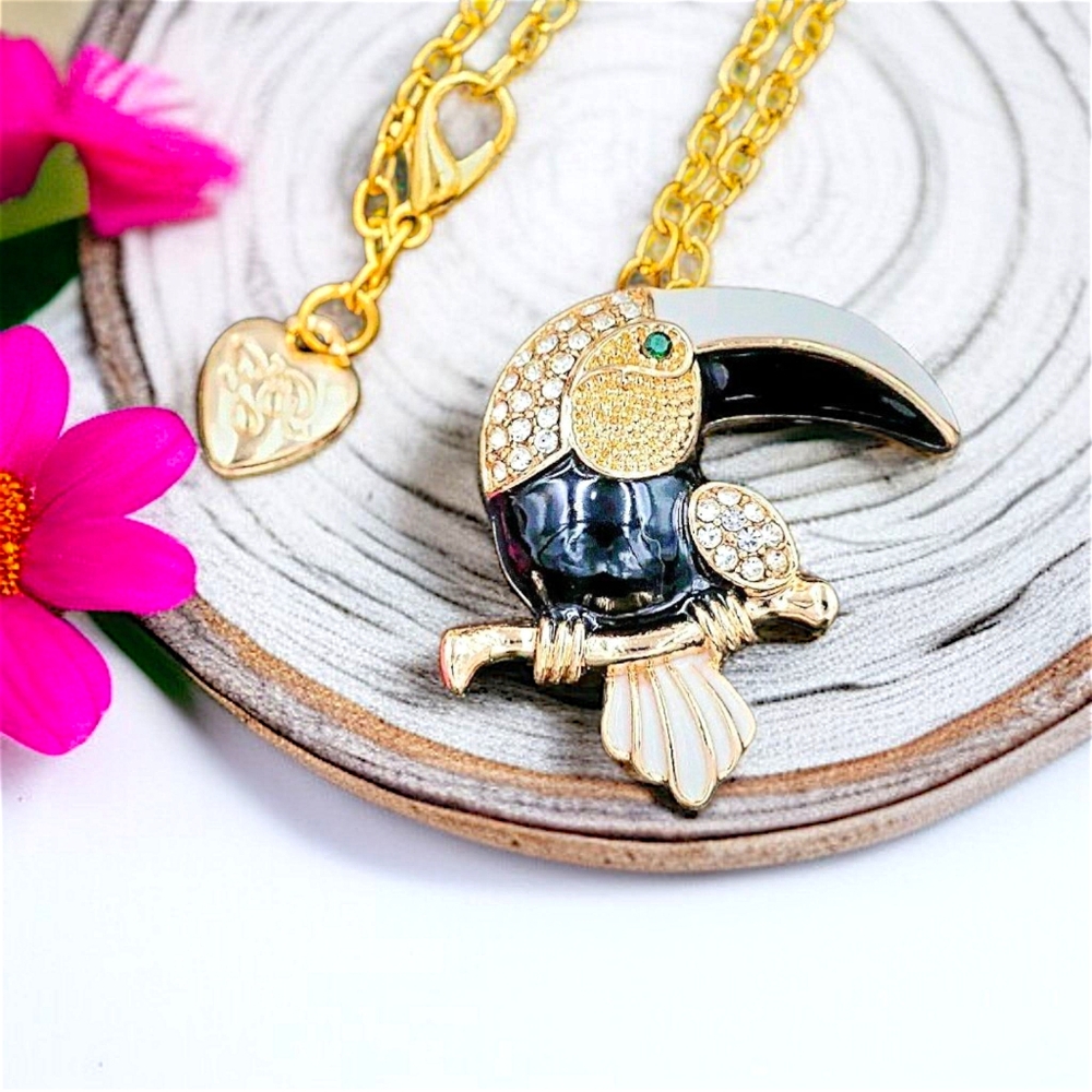 Gold-plated Black And White Crystal Toucan Necklace & Brooch
